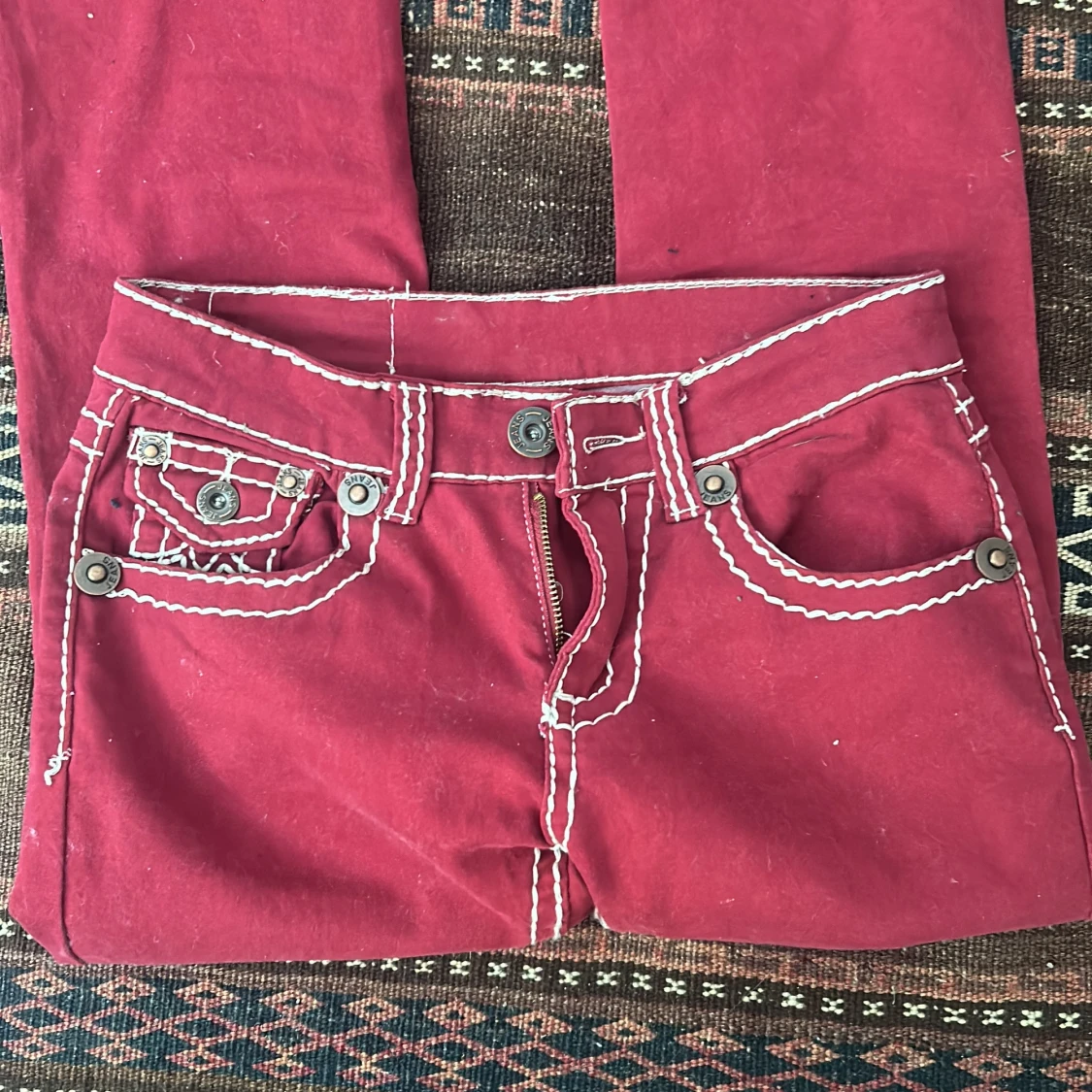 Röda Fashion Denim jeans med kontrastsömmar - 4