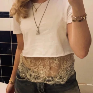 Vit croppad topp med spetsdetalj - Säljer en vit croppad topp med korta ärmar och transparent spets nertill. Toppen har en enkel, stilren look upptill och en snygg broderad spetskant som ger en extra touch. Perfekt att matcha med jeans eller kjol för en trendig outfit.