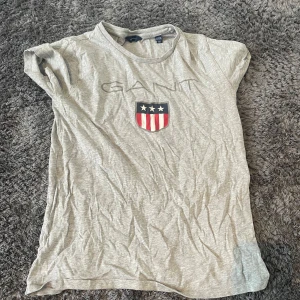 Grå t-shirt från GANT - Säljer en grå t-shirt från GANT som inte säljs längre där jag köpte för 500 med ett tryck av en sköld med stjärnor och ränder på bröstet. T-shirten har korta ärmar och är tillverkad i bomull. Perfekt för en avslappnad stil.