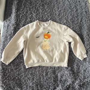 Beige sweatshirt med spöke och pumpa - Supermysig beige sweatshirt med ett gulligt spöke som håller en pumpa på bröstet och en liten fladdermus bredvid. Tröjan är i mjuk polyesterblandning och har rund hals och långa ärmar. Perfekt för höst och Halloween! Det står XXL, men skulle mer säga L/XL