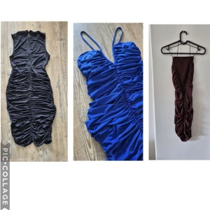 Tre ruched kortklänningar i olika färger - Säljer tre snygga kortklänningar med ruched effekt i svart, blått och brunt. Alla har v-ringning och figurnära passform, två med smala axelband och en ärmlös. Perfekta för dig som vill sticka ut med en trendig look.