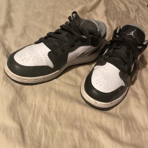 Nike Air Jordans Low svart och vit - Säljer ett par Nike Air Jordans Low i svart och vitt med grå swoosh. Skorna har snörning och rund tå, klassisk design och passar perfekt till streetwear. Ikonisk Nike-logga på sidan och på plösen. 
