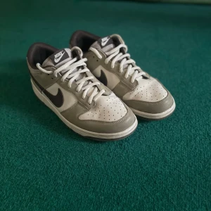 Nike Dunk Low i grått och vitt - Säljer ett par Nike Dunk Low sneakers i grått och vitt med svart swoosh. Skorna har snörning, rund tå och platt sula. Perfekta för dig som gillar klassisk streetstil och vill ha något som funkar till det mesta. Mycket fint skick, smart använda!
