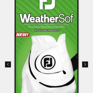 Vita golfhandskar från FootJoy WeatherSof - Snygga vita golfhandskar från FootJoy WeatherSof med svart detalj och tydlig FJ-logga på ovansidan. Handskarna har perforeringar för extra ventilation och en klassisk design som passar perfekt för golfbanan. Höger handske