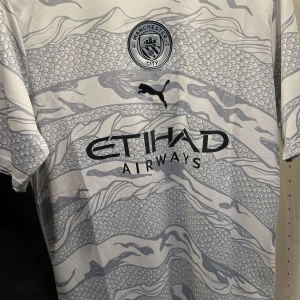 Manchester City bortatröja 2021/22 - Snygg Manchester City bortatröja från Puma i vitt med ljusgrått drakmönster. Kortärmad modell med klubbmärke och Puma-logga på bröstet samt Etihad Airways som sponsortryck. Perfekt för fotbollsfans!