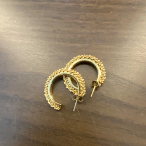 Edblad örhängen - Säljer ett par snygga guldiga örhängen. De är runda och har en cool textur som ger extra bling till din look. Perfekta för dig som vill sticka ut lite extra med dina smycken.