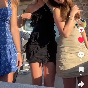 Svart oneshoulder klänning med volang - Snygg svart oneshoulder klänning med volangdetaljer. Perfekt för en kväll ute eller en speciell tillställning. Klänningen har en kort längd och en elegant passform.