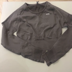 Grå långärmad träningströja från ALERA - Säljer en grå långärmad träningströja från ALERA. Tröjan är croppad och har ventilerande meshdetaljer vid midjan och ärmsluten. Perfekt för gymmet eller löpning. Snygg och funktionell design med tight passform.