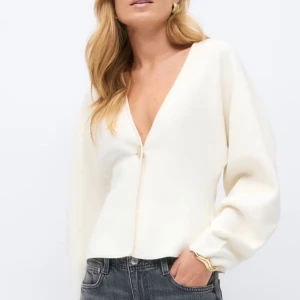 Vit blus med v-ringning från Gina Tricot - Säljer en stilren vit blus från Gina Tricot med djup v-ringning och en knapp framtill. Blusen har långa, lite puffiga ärmar och är tillverkad i ett mjukt, slätt material. Perfekt att styla med jeans eller kjol för en clean look.