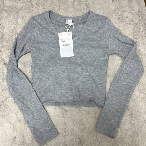 Grå ribbad croppad långärmad topp - Säljer en ljusgrå croppad topp från Zara med v-ringning och långa ärmar. Toppen är ribbad och har en slim passform som sitter snyggt på kroppen. 
