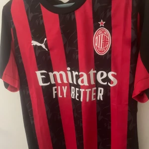 AC Milan Puma matchtröja M - AC Milan fotbollströja från Puma i storlek M. Klassisk design med svarta och röda vertikala ränder, klubbmärke och Puma-logga på bröstet samt Emirates-sponsortryck. Tillverkad i lätt och ventilerande material, perfekt för match eller träning eller till en drip!!!!❤️