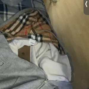 Grå Burberry hoodie med dragkedja - Säljer en grå hoodie från Burberry med klassiskt rutigt foder på insidan. Tröjan har en broderad Burberry-logga på bröstet, snörning vid huvan och dragkedja framtill. Perfekt för dig som gillar stilren design med lyxig touch.