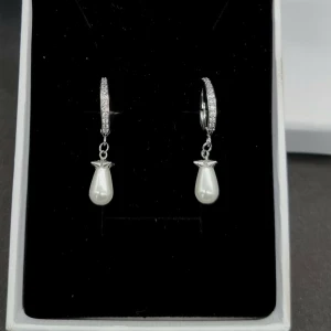 Glittriga örhängen med pärldroppar - Snygga örhängen i silverfärg med glittriga stenar på ringen och hängande droppformade pärlor. Ovanför pärlan sitter en liten stjärndetalj som ger extra charm. Perfekta för dig som vill sticka ut med en elegant och trendig look.