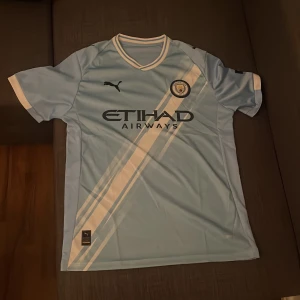 Manchester City ljusblå Puma tröja - Manchester Citys officiella matchtröja från Puma i ljusblått med vita diagonala ränder och klubbmärke på bröstet. Tröjan har korta ärmar, vit krage och Etihad Airways som sponsortryck. Tillverkad i lätt och ventilerande material.