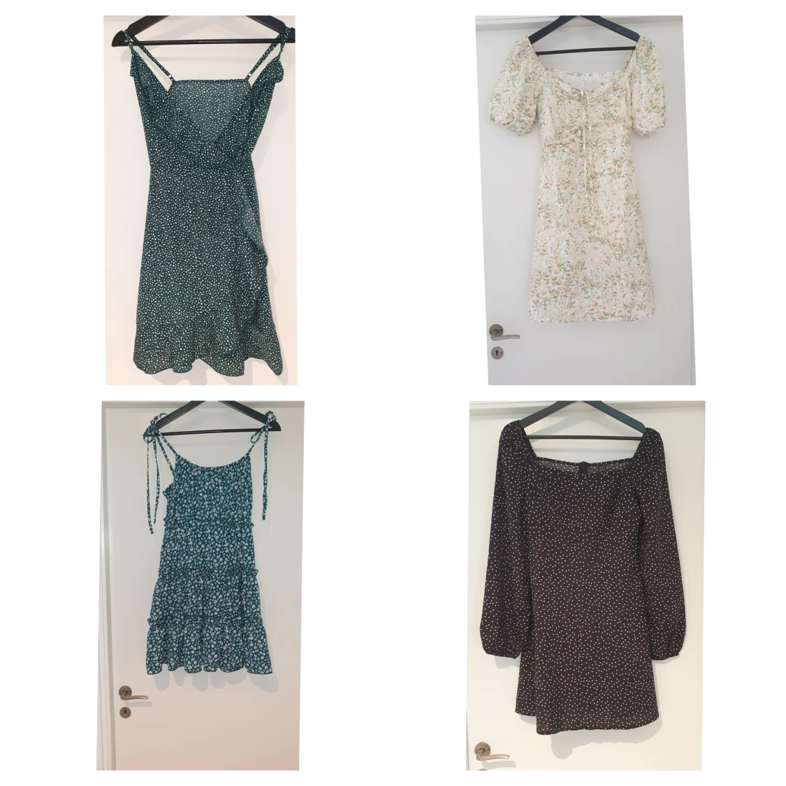 Fyra olika klänningar i olika färger och mönster