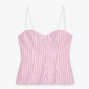 SÖKER! Rosa randig korsettopp med smala axelband - SÖKER den här rosa korsettopp med vita och mörkare rosa vertikala ränder. 