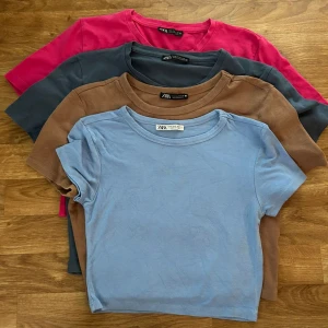 4-pack croppade toppar från Zara - Fyra croppade toppar från Zara i olika färger: ljusblå, brun, mörkgrå och ceriserosa. Alla har rund halsringning och korta ärmar. Perfekta att matcha med jeans eller kjol för en chill och trendig look.