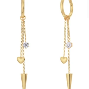 Guldiga Edblad örhängen - Säljer ett par trendiga guldiga örhängen med hängande kedjor, små hjärtan, strassdetaljer och spetsiga hängen. Perfekta för att lyfta din stil med en modern touch.