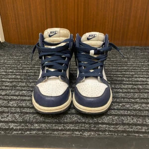Nike Dunk High sneakers i blått och vitt - Säljer ett par Nike Dunk High sneakers i blått och vitt. Skorna har klassisk hög siluett, blå snörning och perforerad tå för extra ventilation. Ikonisk Nike-logga på sidan och plös. Perfekta för dig som gillar streetwear och sportig stil.
