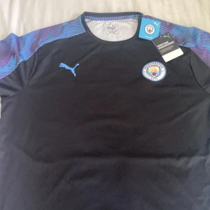 Manchester City Puma fotbollströja - Snygg Manchester City fotbollströja från Puma med svart framsida och klubbmärke på bröstet. Ärmar och axlar har ett blått och lila randigt mönster. Tillverkad i lätt och ventilerande funktionsmaterial, perfekt för träning eller match.