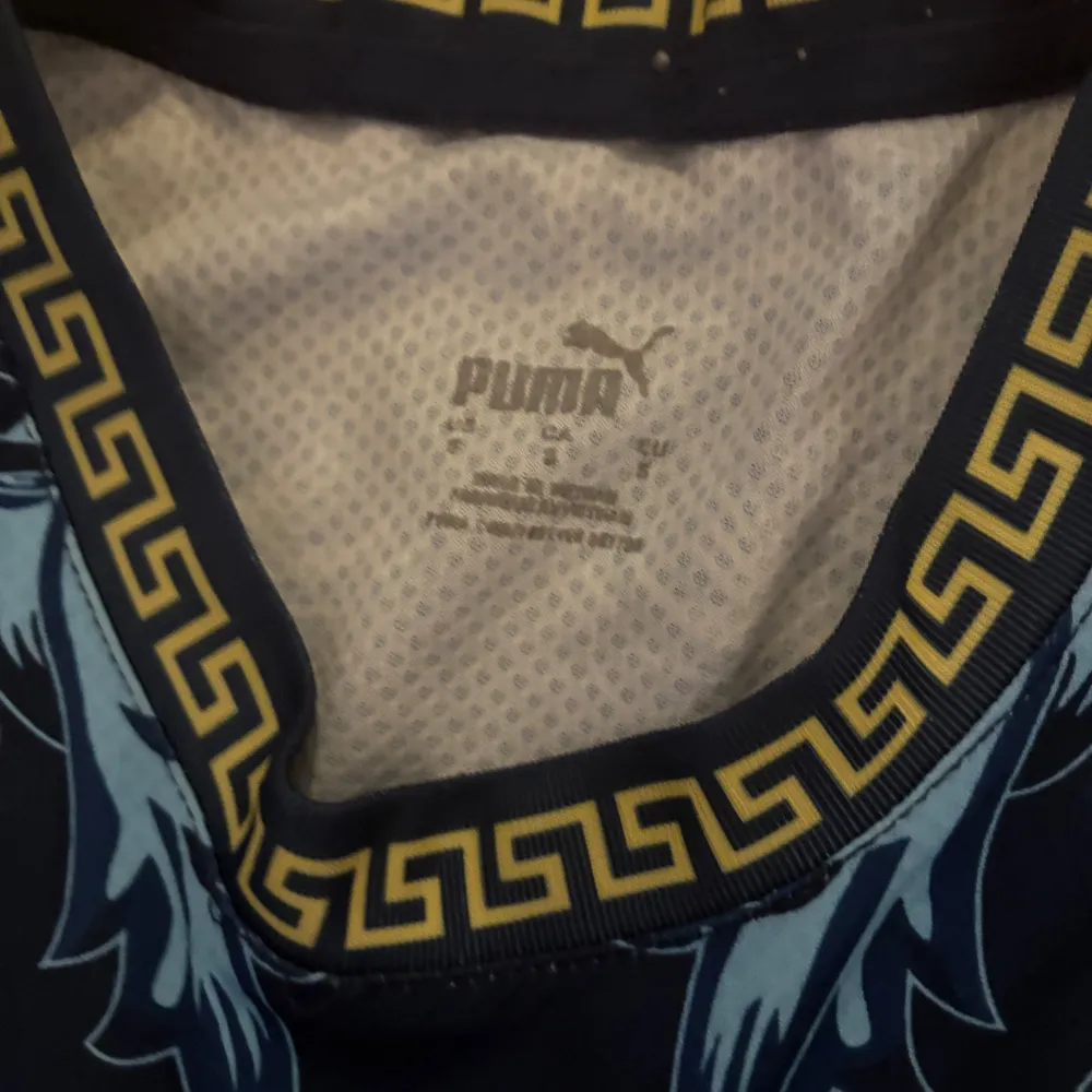 Snygg blå fotbollströja från Puma med ett elegant mönster i ljusblått. Tröjan har korta ärmar och en stilren design med gulddetaljer och ett emblem för Italien. Perfekt för fotbollsfans som vill sticka ut på planen.. T-paidat.