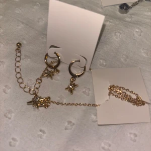 Guldiga smycken med stjärnhängen - Säljer ett set med guldiga örhängen och halsband, båda med små stjärnhängen dekorerade med glittriga stenar. Perfekt för dig som gillar detaljer och stjärnmotiv. Kedjorna är tunna och eleganta.
