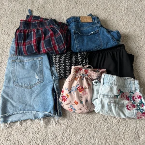 Klädpaket dam s byxor - pyjamasbyxor, jeanskjol, 5st olika shorts 