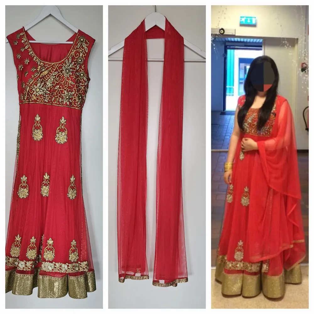 Fin indisk klänning köpt från London.Klänningen är använd endast 1 gång och är i mycket fint skick.  Storlek: M/L (Passar en 38/40) Färg: Korall röd  Material:Chiffon Klänningen går att sy in eller göra större. Nypris:1500 ❌️Seriösa köpare❌️. Klänningar.
