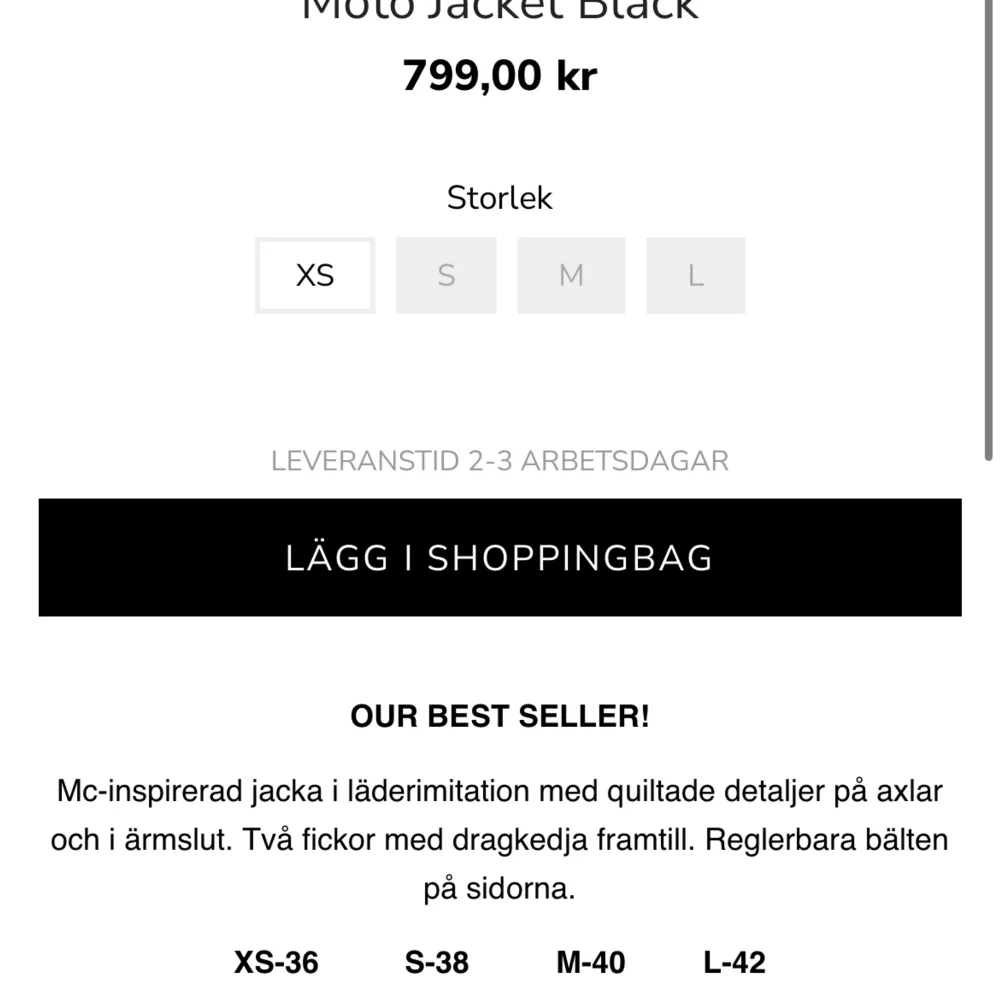 Säljer min fina chiquelle moto jacket som är helt nya bara använd vid 2 tillfällen, den har inga skador. Det är storlek S men det motsvarar 38, Ny pris 799kr. Jackor.