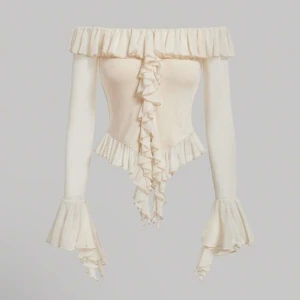 T-skjorta  - Axelfri, Kant med volanger, Ryckärm, Asymmetrisk Fåll.  Fin sommar tröja💛✨