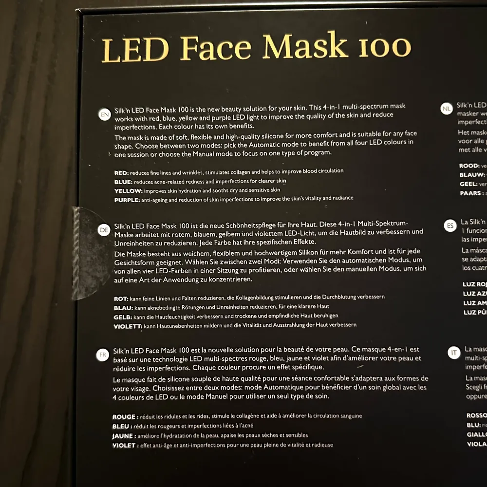 Oöppnad ledmask från Silk’n. LED-ljusterapi som jobbar med rött, blått, gult och lila LED-ljus för att behandla hudens åldrande, akne och torr hud. Nypris 1700kr Finns att hämta upp i Kalmar.. Övrigt.