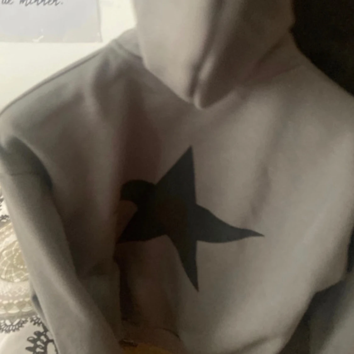 Grå y2k grunge hoodie med svart stjärna på ryggen och liten text  - 92