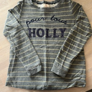 Tröja - Använd men i fint skick. Grå tröja med guldiga ränder och blå text på framsidan. 