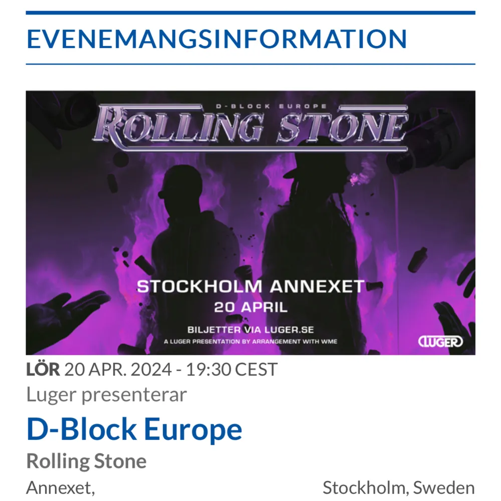Jag säljer 4 d block biljetter inför konseren idag Lördag 20/4, konseren är i stockholm i anexet klockan 19:30 - 23:00. Jag säljer för att jag bor en bit bort och det har kommit en sak i vägen.. Övrigt.