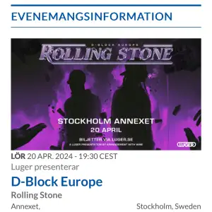 Jag säljer 4 d block biljetter inför konseren idag Lördag 20/4, konseren är i stockholm i anexet klockan 19:30 - 23:00. Jag säljer för att jag bor en bit bort och det har kommit en sak i vägen.