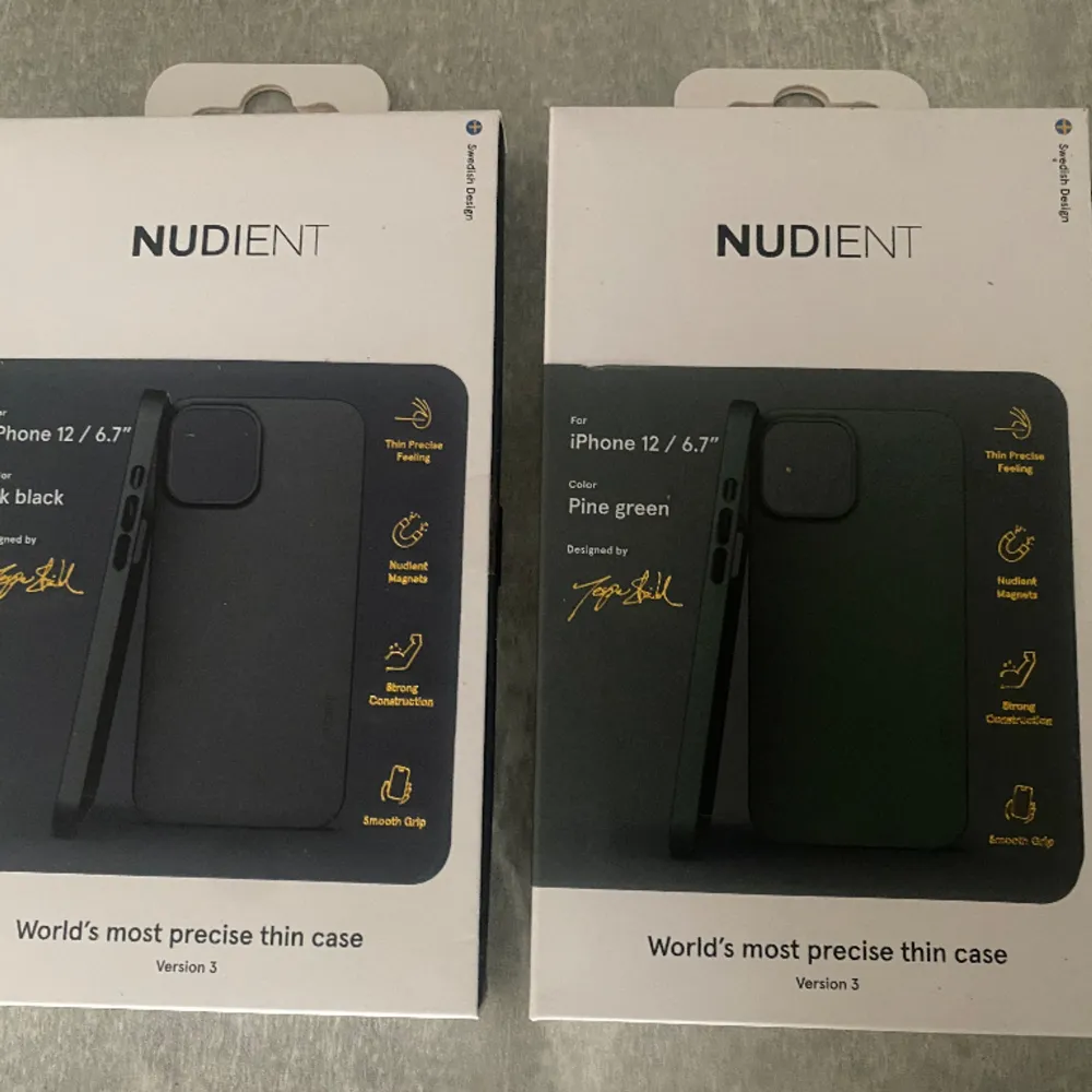 Två nya och oanvända skal från Nudient som passar iPhone 12. Ett svart skal och ett skal i ”pine-green”.  40 kr styck.. Övrigt.