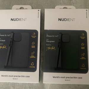 Två nya och oanvända skal från Nudient som passar iPhone 12. Ett svart skal och ett skal i ”pine-green”.  40 kr styck.