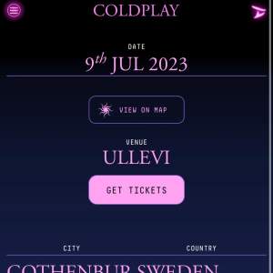 Coldplay biljett 9:e juli 2023. Entre 7, sektion Ä3, rad 11 och plats 1476. Skriv gärna vid eventuella funderingar ☺️🤍