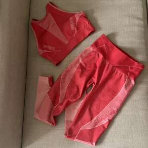 Gymshark set  - Gymshark set i röd med massa coola detaljer. Storlek s både toppen och byxorna. Helt oanvända. Ordinarie pris ca 1000kr.  Skicka dm om du vill ha fler bilder :)