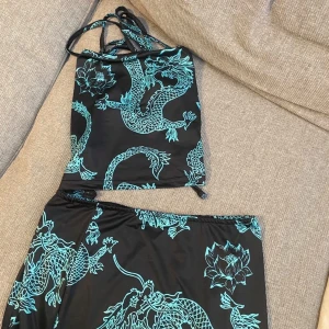 Set från SHEIN med drak mönster i turkos - Orkar inte riktigt ta mer bilder just nu hehe men kan skicka om det önskas. På baksidan av linnet är det kors och tvärts knytningar. Öppen rygg alltså, med band man kan knyta som korsar varandra. Aldrig använd. 