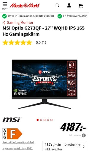 Gaming Skärm 1440p  - Jag säljer min skärm under priset. Den är helt frisk och har använts i mindre än ett år och utan brända pixlar