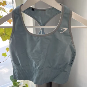Gymshark sport-bh💙 - Sport-bh/ kortare sport linne från gymshark. Storlek M och superfin ljusblå färg. Loggan fram håller på att åka av lite och det går även att lägga in inlägg men inget som jag tycker behövs då materialet är tjockt!💙💙