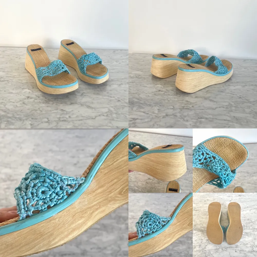 Vintage Sisley Y2K 00s 90s platform wedges / sandals / floral crochet mules. Lightweight cork. One side of the crochet strap was a bit distressed. Fixed now and seem stable,  no guarantee on that though. Label missing, but fits best size 37 imo. No return. Skor.