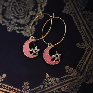 Örhängen Rosa måne med stjärna - Handgjorda, nickelfria örhängen 🌙 Finns i flera färger och former! Ringen är 25mm i diameter, och hänget varierar i storlek från 10mm och uppåt. 🪐 Köp 1 par för 40kr, 2 par för 70kr, 3 par för 100kr! Du får också med en fin liten presentpåse. Frakt på 13kr tillkommer 💫