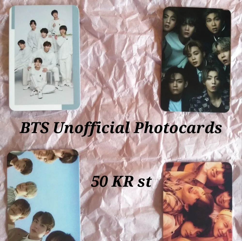 4 st olika grupp bilder på Kpop gruppen BTS. Välj bland dom och kontakta mig så löser vi betalningen tillsammans! Fri frakt bara 50 KR st !!!. Övrigt.