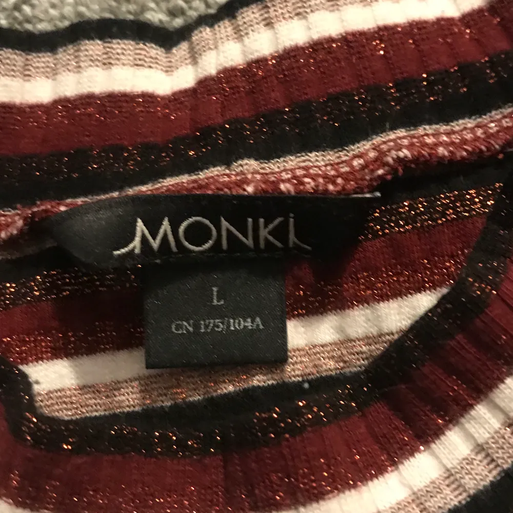 Säljer en glitter-randig tröja från Monki. Använd men i fint skick. Storlek L. 50 kr + fraktkostnad.. Toppar.