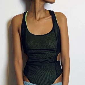 Green/Black Mesh Bodysuit - Fun sheer body suit for a night out or festival