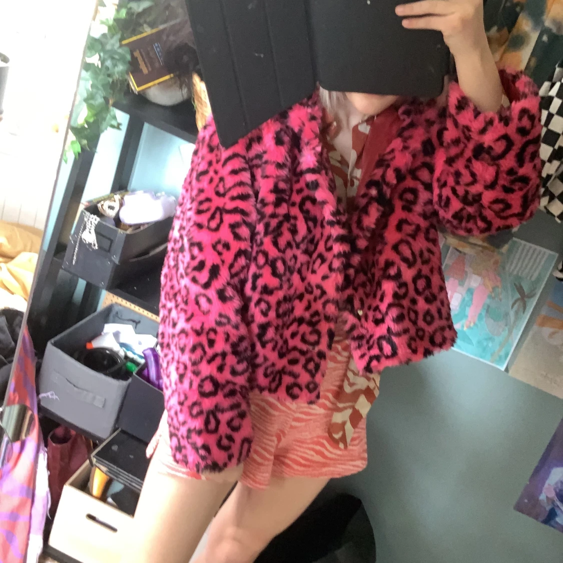 Shein pink leopard print faux fur jacket medium