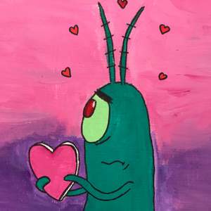 Min målning som visar ledsen plankton som håller en hjärta å vill ge den till den han gillar
