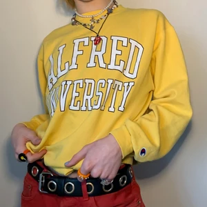 Gul vintage champion sweatshirt  - Gul vintage champion sweatshirt/collage tröja med trycket ”Alfred University” och champion loggan broderad på vänster arm ⚾️ Tröjan är så otroligt skön och under både till en chill outfit med mjukisbyxor eller ett par balla bagge jeans och stora sneakers eller Dr Martens för att få in det gula i skorna! Eftersom tröjan är gul, svart och vit passar den ihop med inprincip vilka färger som helst vilket gör det till en så bra unik basic i din garderob! Tröjan har några fläckar på höger arm (se bild 3